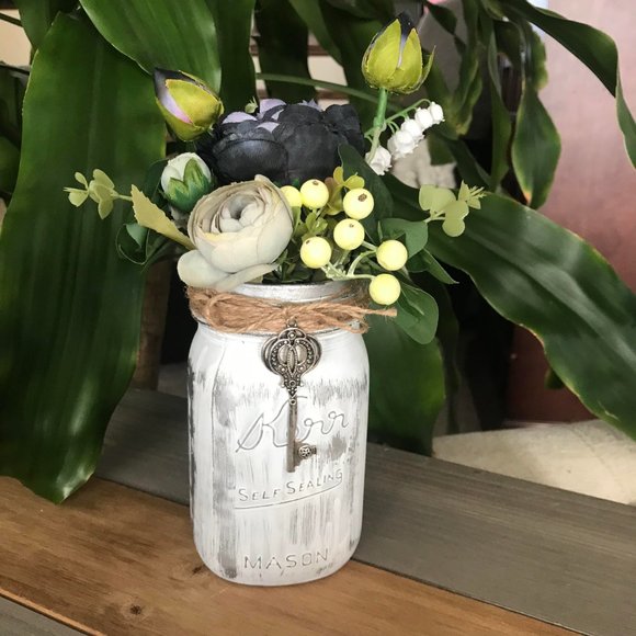 Handmade Black and Gray Floral Arrangement in Metallic Silver and White Kerr Jar - Picture 3 of 7